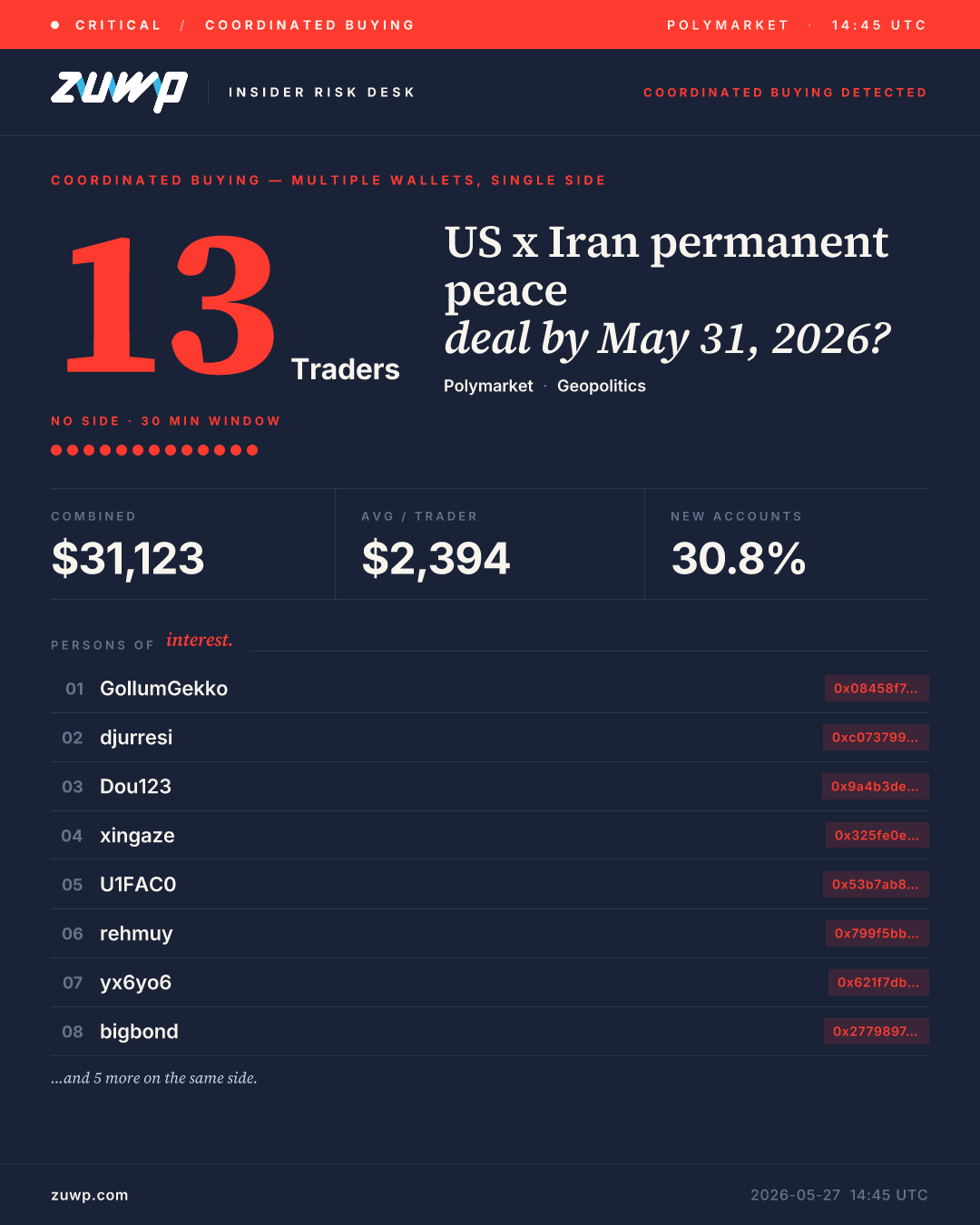 Cluster sample (Iran peace deal · 13 traders)